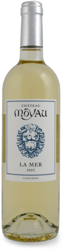 Château Moyau La Mer 2022 - Vin Blanc du Languedoc Vin blanc Château Moyau La Mer 2022, Languedoc, étiquette avec tête de lion bleue et capsule argentée.