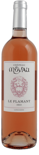 Château Moyau Le Flamant 2022 - Vin Rosé du Languedoc Vin rosé Château Moyau Le Flamant 2022 Languedoc, étiquette blanche avec une tête de lion rose illustrée.