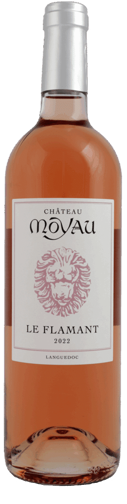 Château Moyau Le Flamant 2022 : Vin Rosé du Languedoc Vin rosé Château Moyau Le Flamant 2022, AOC Languedoc. Étiquette blanche avec lion stylisé et capsule argentée.