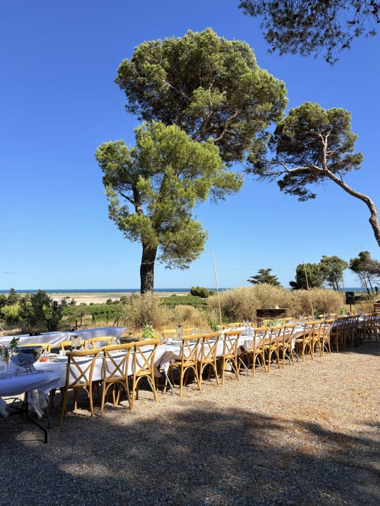 Longue table de banquet dressée sous les pins face à la mer pour une réception ensoleillée en plein air.