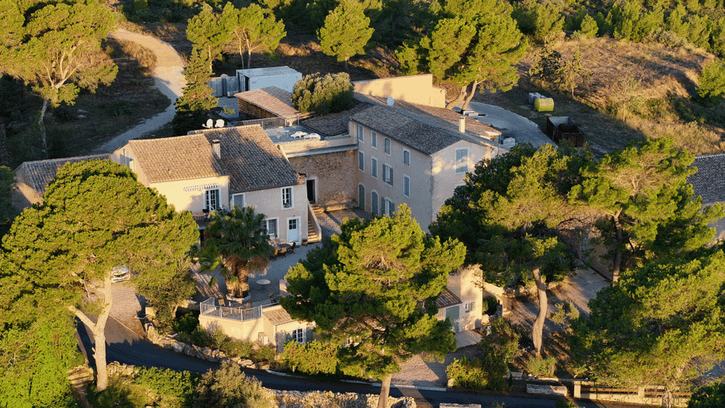Villa provençale de prestige nichée au cœur de la forêt Villa provençale en pierre avec cour intérieure et palmier sous la lumière dorée entourée d'une forêt de pins.
