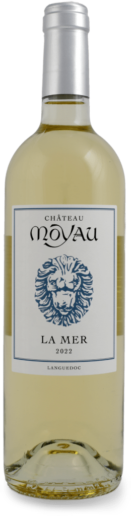 Vin Blanc Château Moyau La Mer 2022 - AOP Languedoc Vin blanc Château Moyau La Mer 2022, Languedoc, étiquette avec logo lion bleu et capsule argentée.